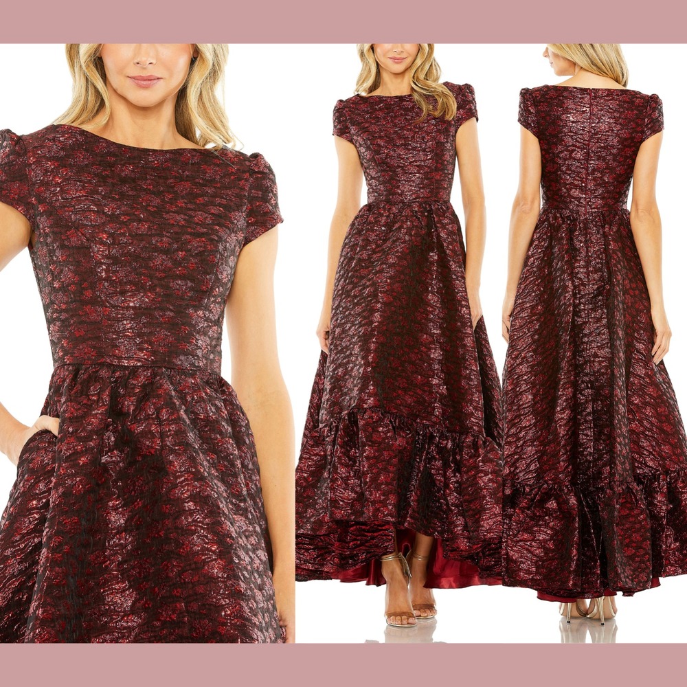 NWT MAC‎ DUGGAL [ 18 ] 68623 High Neck Brocade Bubble Hem Dress Ruby #S2017